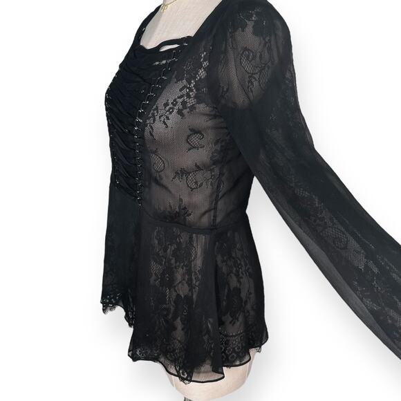 THE KOOPLES Sheer Lace Top Corset Ribbon Blouse Peplum Black Dark Romance Sexy - Picture 8 of 13